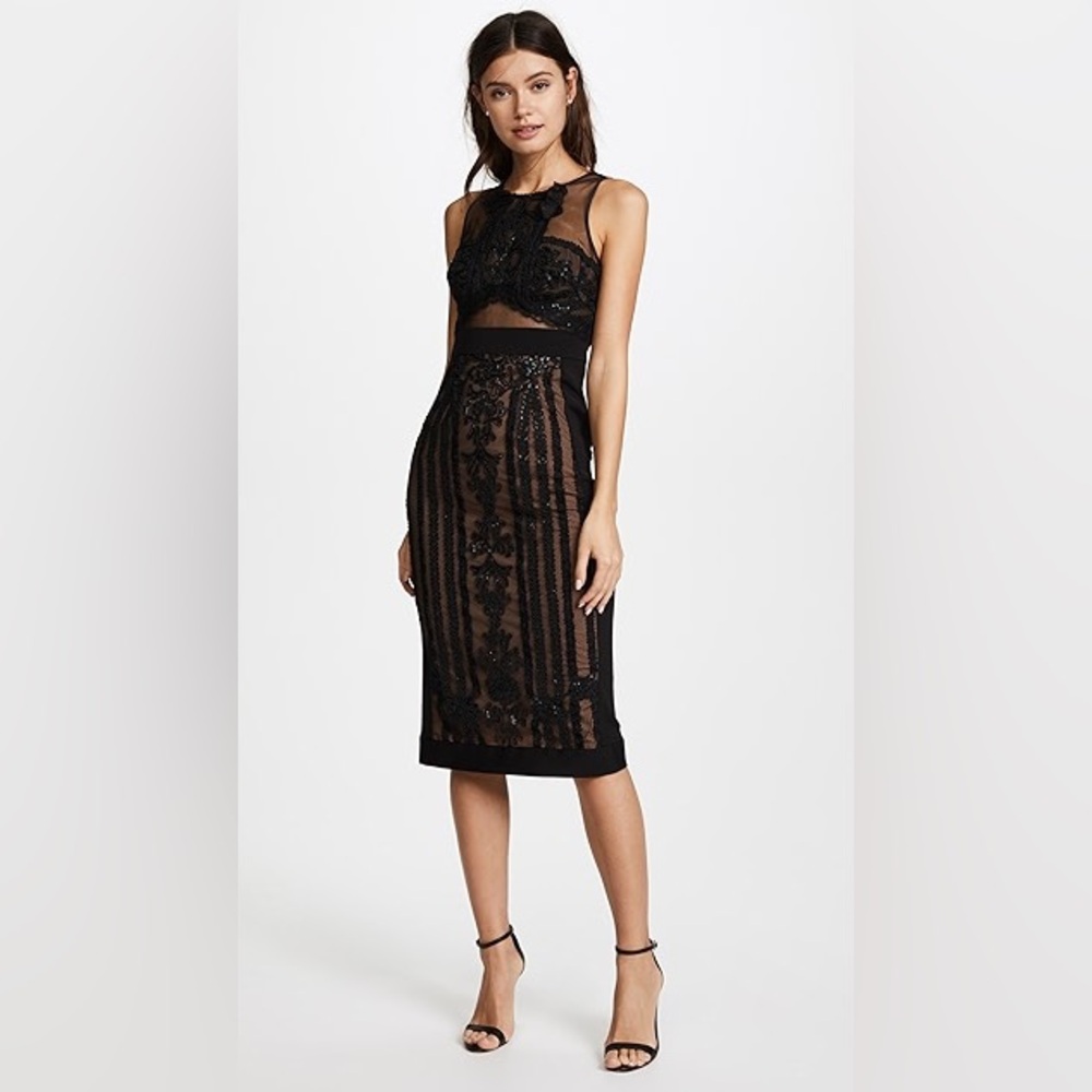Marchesa Notte black dress with nude lining.
Lace and subtle sequin. Size 10